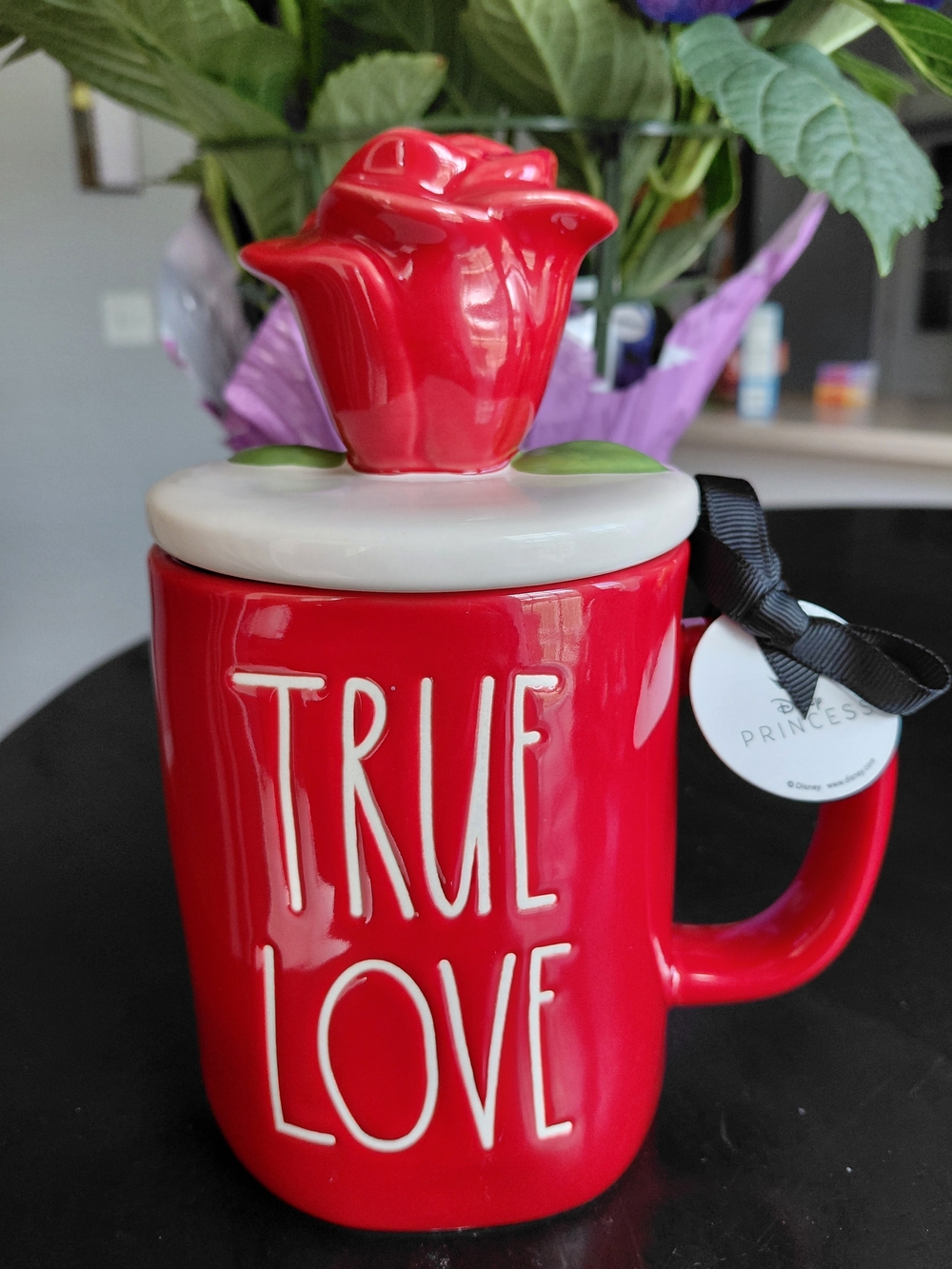 Rae Dunn Red 'True Love' Ceramic Mug with Rose Lid